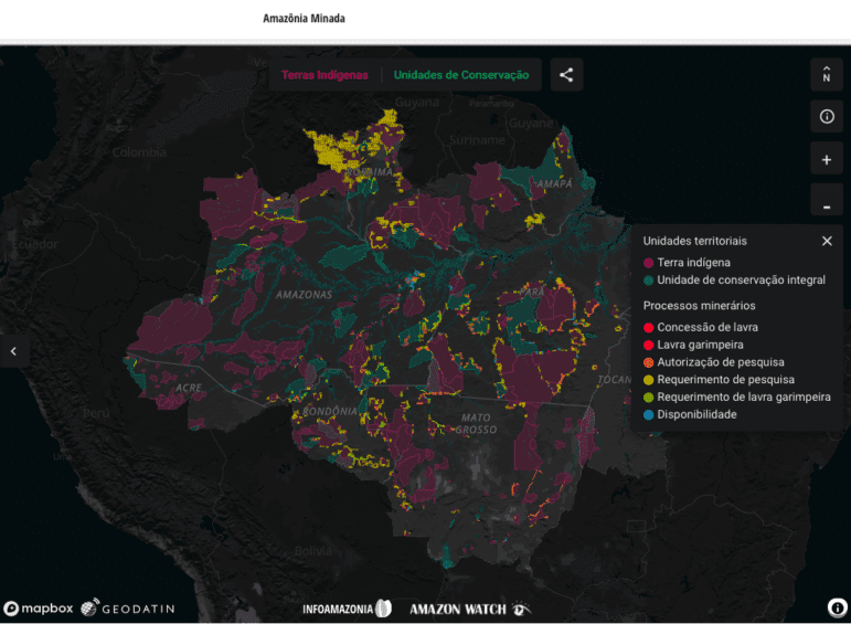 Amazônia Minada 项目利用政府公开数据，实时追踪非法采矿请求。图：屏幕截图<br>