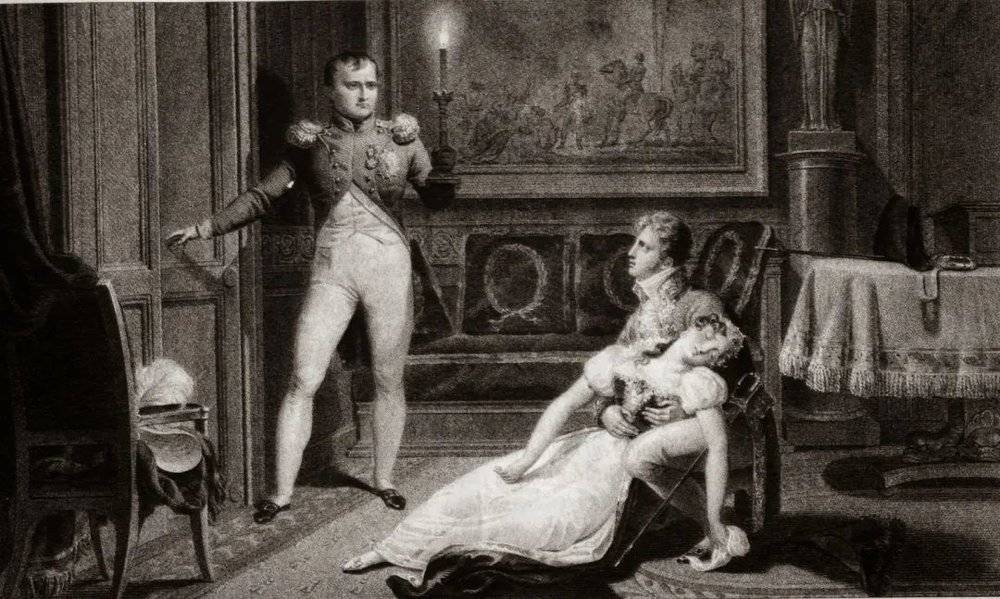查尔斯·恰斯莱特翻刻波士曼的版画，拿破仑向约瑟芬宣布离婚，听到这个消息的约瑟芬昏了过去（来源：wikipedia.org）<br>