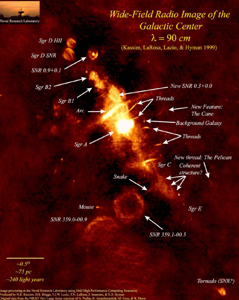 根据美国甚大阵（VLA）数据获得的银河系中心附近射电图像。来源/NRAO<br>