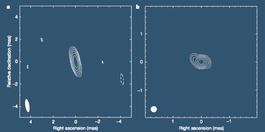 Sgr A*在3毫米的CLEAN图像，左右两图分别对应使用椭圆和圆状洁束重建的图像。来源/沈志强<br label=图片备注 class=text-img-note>