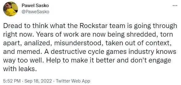 R 星团队目前已经濒临崩溃，这是一种游戏行业的恶性循环，希望大家不要再传播泄露内容了。。。 
