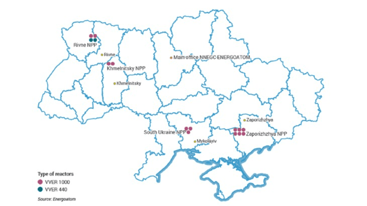 乌克兰的核电站分布。来源/世界核协会<br>
