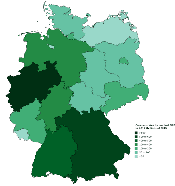 德国2017年联邦州GDP统计，颜色越深，代表GDP越高。来源/维基百科<br>