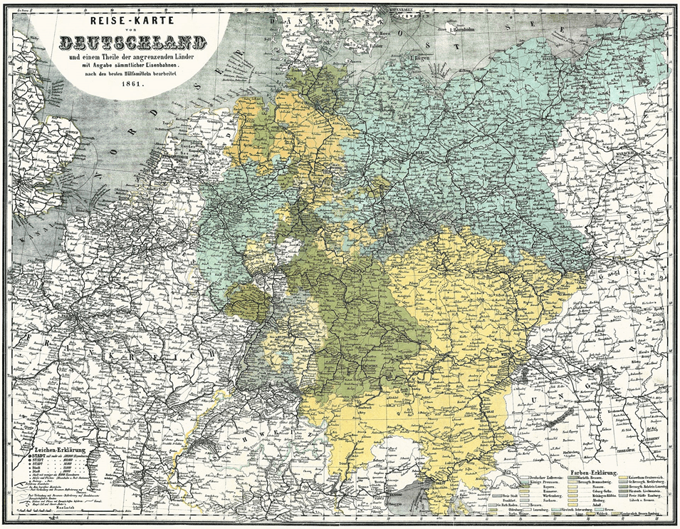1861年德国铁路网络图。来源/维基百科<br>