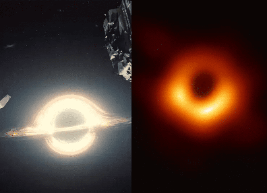 左为《星际穿越》中的黑洞，右为5年后拍到的真实黑洞照片。<br>