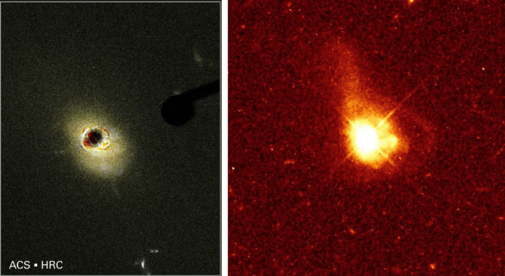 “哈勃”的ACS拍摄的3C 273附近的星系物质的图像（左）与“哈勃”的WFPC2拍摄的类星体0316-346的光学图像。在左图中，类星体发出的光已经被星冕仪屏蔽，这使得周围的星系物质可以被更容易拍摄到。图片来源：[26]（左）；[27]（右）。<br label=图片备注 class=text-img-note>