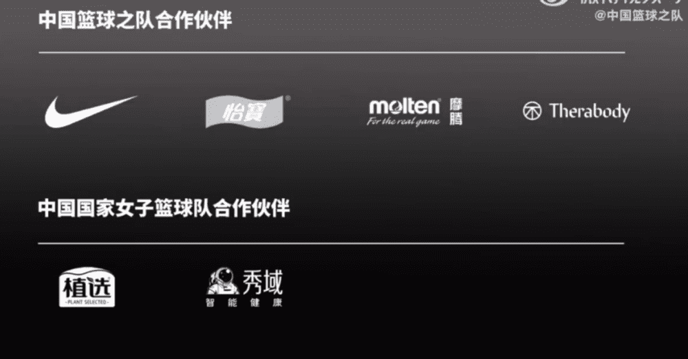 中国篮球队和女篮队目前的合作伙伴  图源微博账号@中国篮球之队<br>
