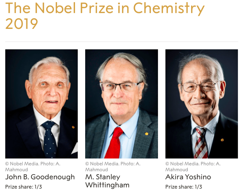 2019年诺贝尔化学奖的三位得主 来源：Nobel Media.<br>