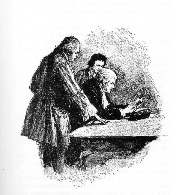 吉姆、乡绅和医生，1885年出版的某本《金银岛》插图