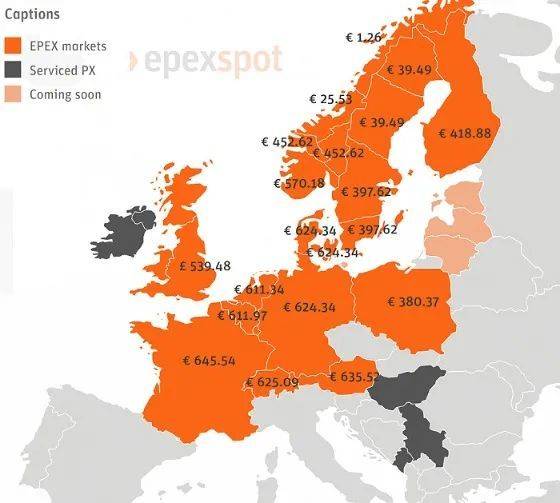 欧洲各国日前电力市场价格分布图  图片来自欧洲电力交易所(epex spot)<br>