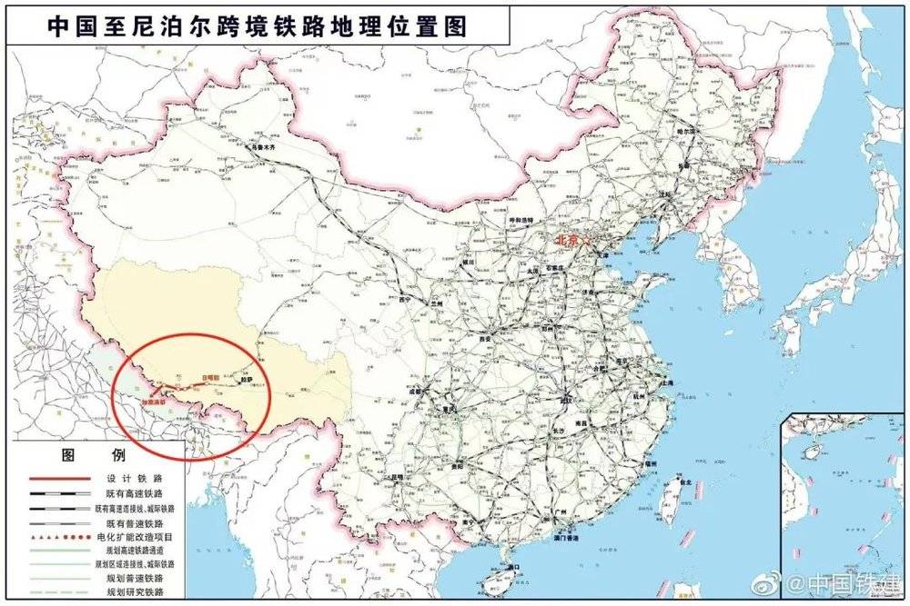 中尼铁路位置示意图。来源/微博@中国铁建<br>