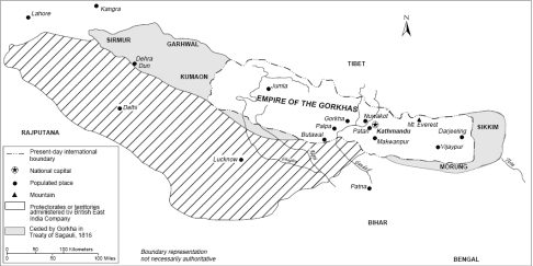 1816年《赛高里条约》，斜线部分是尼泊尔被割让的领土。来源/维基百科<br>