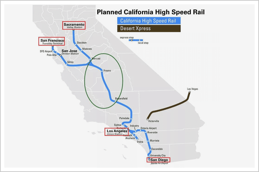 加州高铁项目红框中为原定计划连接的几大城市，绿色圆圈内是中央山谷一段  来源：洛杉矶时报<br>