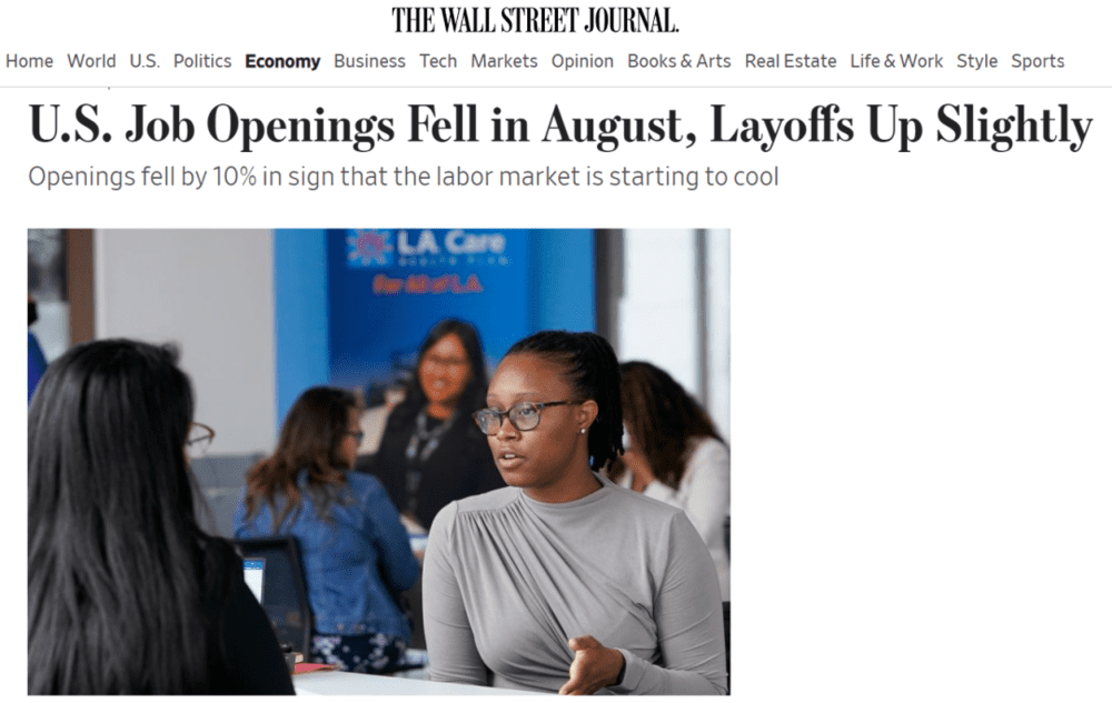 美国8月份裁员人数增加，整体经济正在降温 华尔街日报报道截图<br>