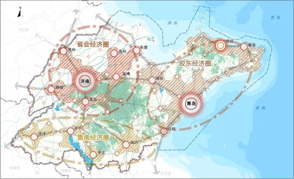 山东省区域和城镇协调布局图 图片来源：《山东省国土空间规划（2021-2035年）》（征求意见稿）<br>