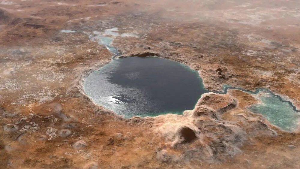 火星上的耶泽罗陨击坑，在几十亿年前可能被水覆盖，形成一个巨大的湖泊。但毅力号最新的结果暗示，这个湖可能并没有存在太久的时间 | NASA/JPL-Caltech<br>