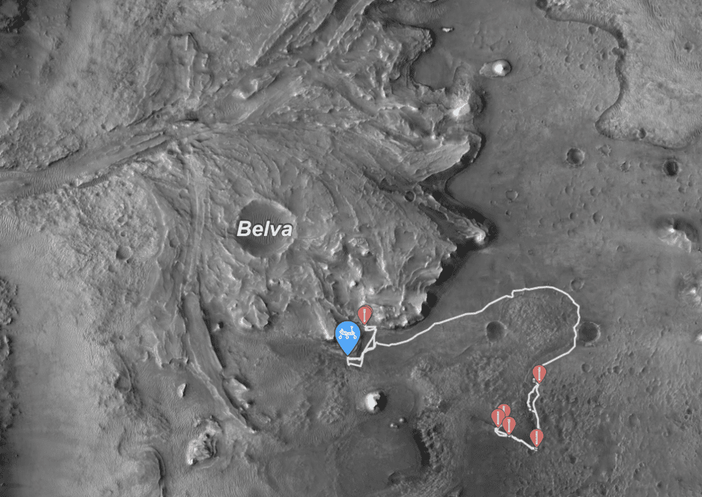 毅力号在火星上的轨迹及当年位置。它一直都在耶泽罗坑底行驶，目前正朝着左上角的三角洲主体进发。至于为什么不直接降落在三角洲上…… 看看这个地势就明白了 | NASA/JPL-Caltech/University of Arizona<br>