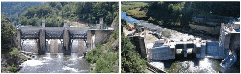 改造前的Poutès大坝（2015，EDF）部分拆除后的大坝（2021年，photo R.Epple）<br>