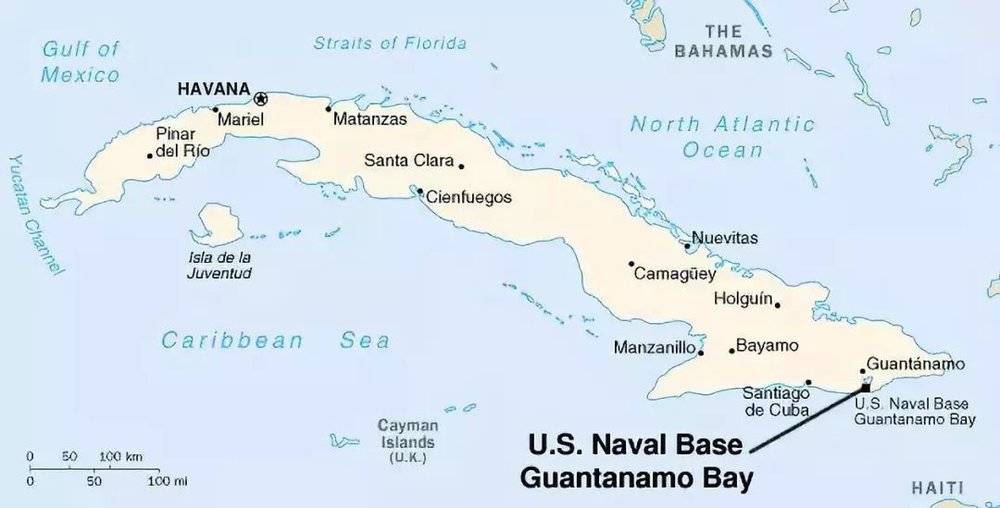 ▲关塔那摩海军基地位置—黑色文字（U.S.Naval Base Guantanamo Bay）所指的地方<br>
