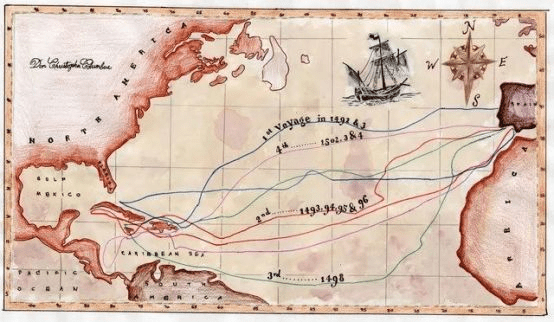 ▲哥伦布船队发现美洲大陆的航海路线图<br>