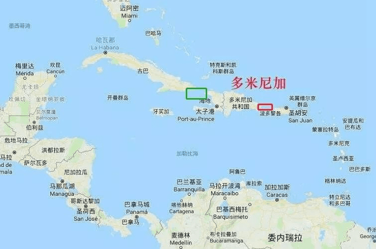 ▲莫纳海峡（红色方框）和向风海峡（绿色方框），大西洋进入加勒比海的两大交通要道<br>