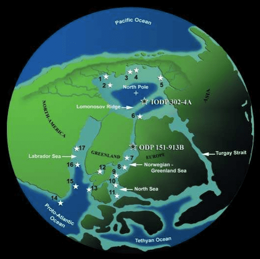 4800万年前北极附近海域出现满江红的地点（五角星），现在的亚洲在图片右上处。北极（+）。 （图片来源：（DOI）10.1038/nature04692）<br label=图片备注 class=text-img-note>