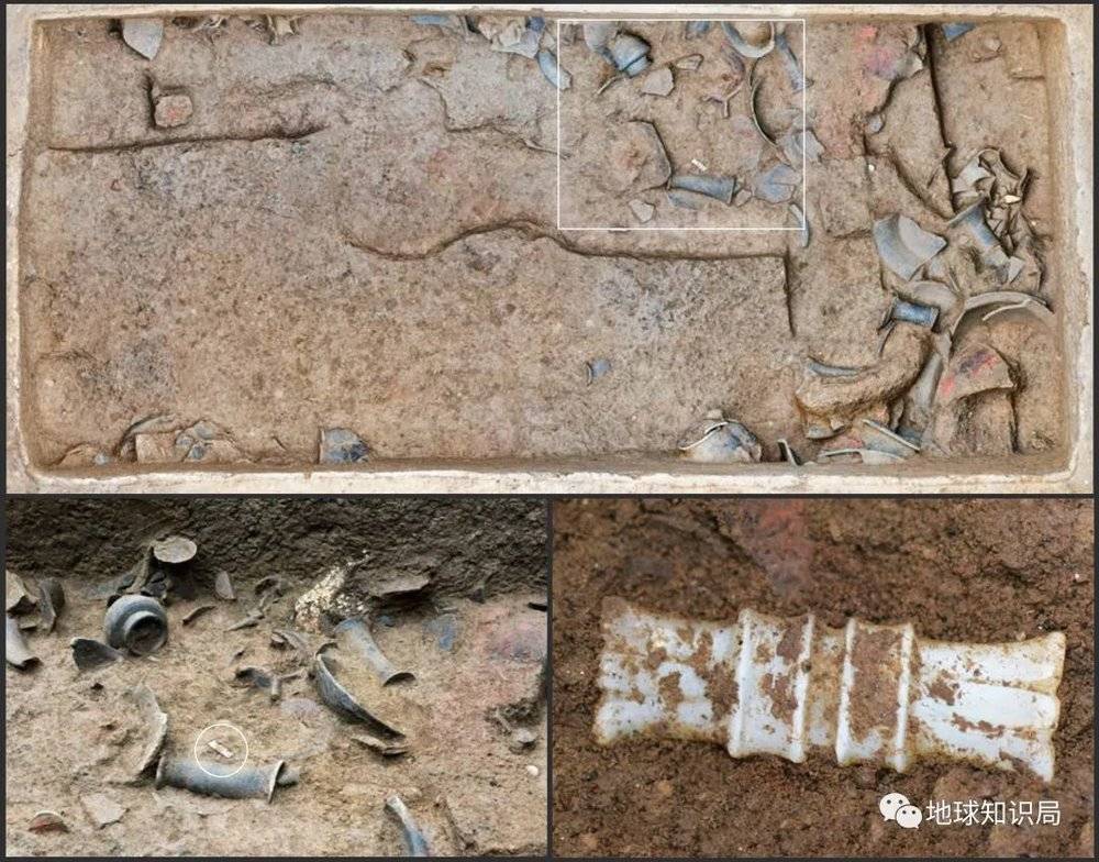 上：2017 V M11墓葬俯视图 左下：出土陶器；右下：出土蝉形玉器