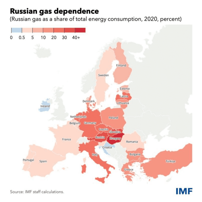各国对俄罗斯天然气依赖度一览表（2020年从俄罗斯进口的天然气占该国能源总消耗的百分比）。图源：国际货币基金组织<br label=图片备注 class=text-img-note>
