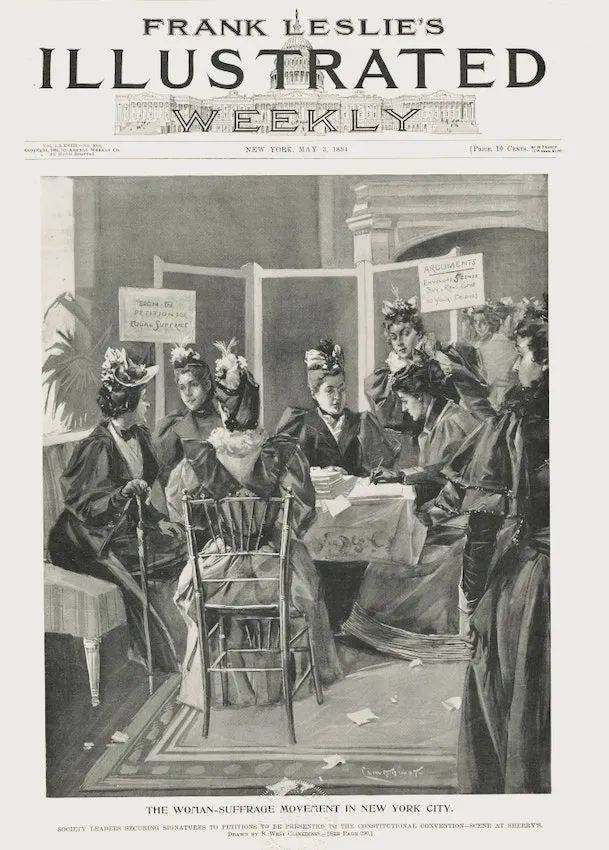 1894年5月3日《弗兰克·莱斯利画报周刊》（Frank Leslie’s Illustrated Weekly）的封面，描绘了“纽约市妇女参政运动”为制宪会议所做的请愿努力。© digilab.libs.uga.edu<br>