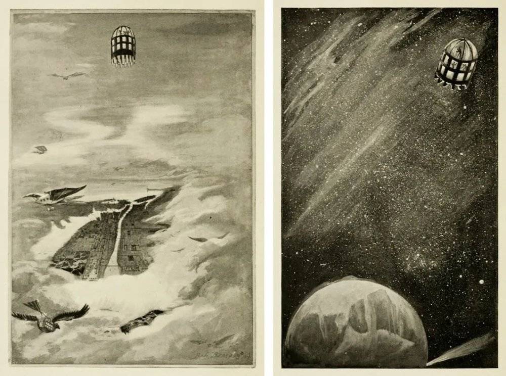 《木卫四升空》和《北极圈来的信号》，丹尼尔·卡特·比尔德（Daniel Carter Beard），为约翰·雅各·阿斯特《他星之旅》（1894）所作插图。© archive.org<br>