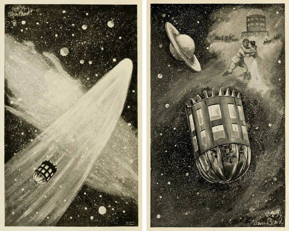 《木卫四与彗星》和《归来》，丹尼尔·卡特·比尔德（Daniel Carter Beard），为约翰·雅各·阿斯特《他星之旅》（1894）所作插图。© archive.org<br>
