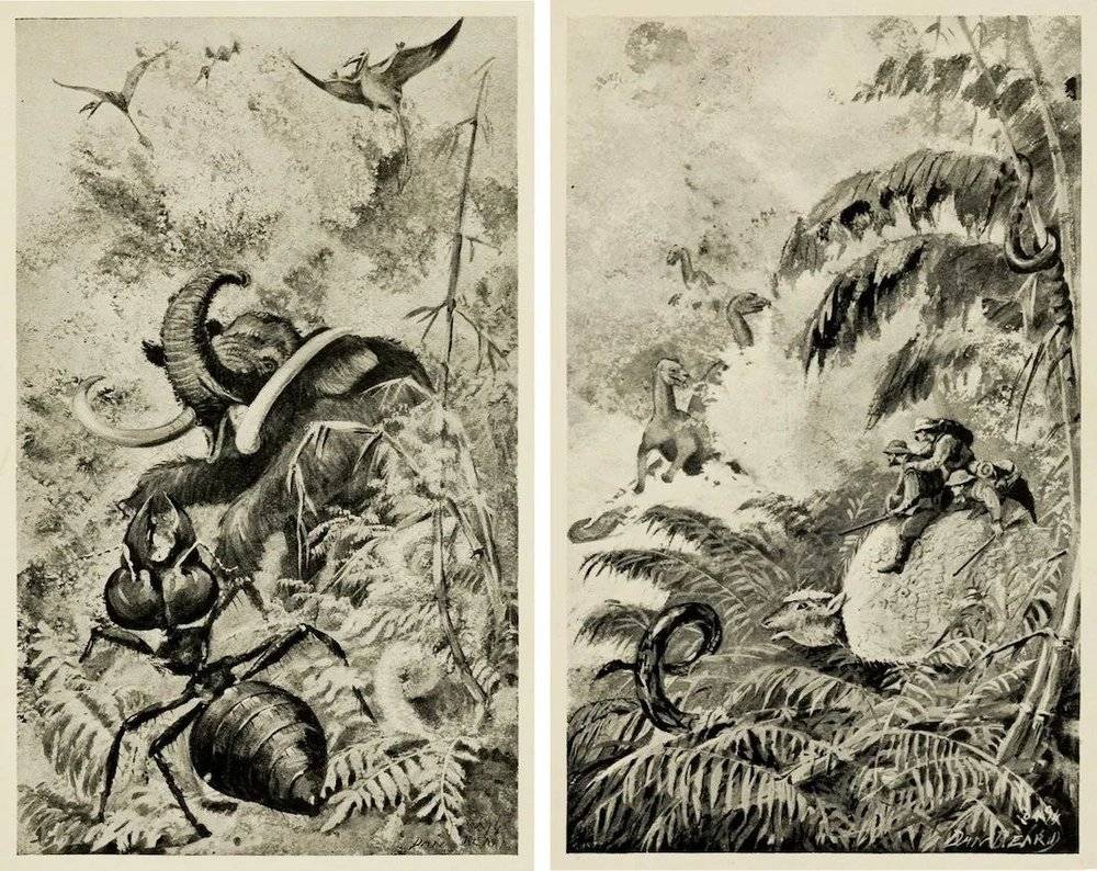 《木星大逃杀》和《乘巨龟而行》，丹尼尔·卡特·比尔德（Daniel Carter Beard），为约翰·雅各·阿斯特《他星之旅》（1894）所作插图。© archive.org<br>