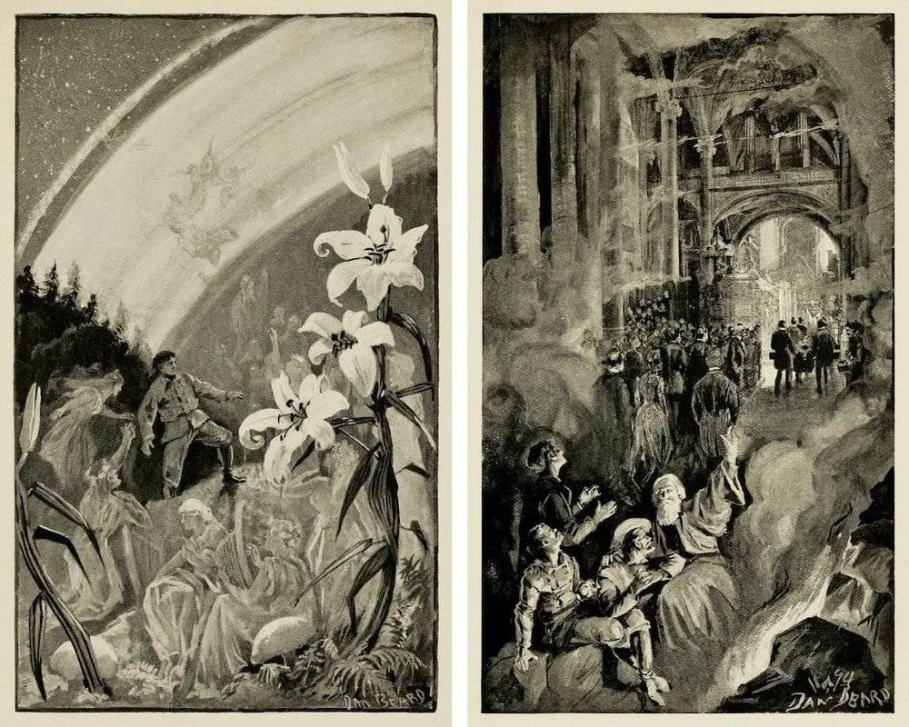 《艾罗的幻视》和《他们展望未来》丹尼尔·卡特·比尔德（Daniel Carter Beard），为约翰·雅各·阿斯特《他星之旅》（1894）所作插图。© archive.org<br>