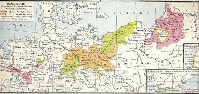 ▲勃兰登堡-普鲁士地图，绿色为勃兰登堡，红色为普鲁士，彼此分散<br>