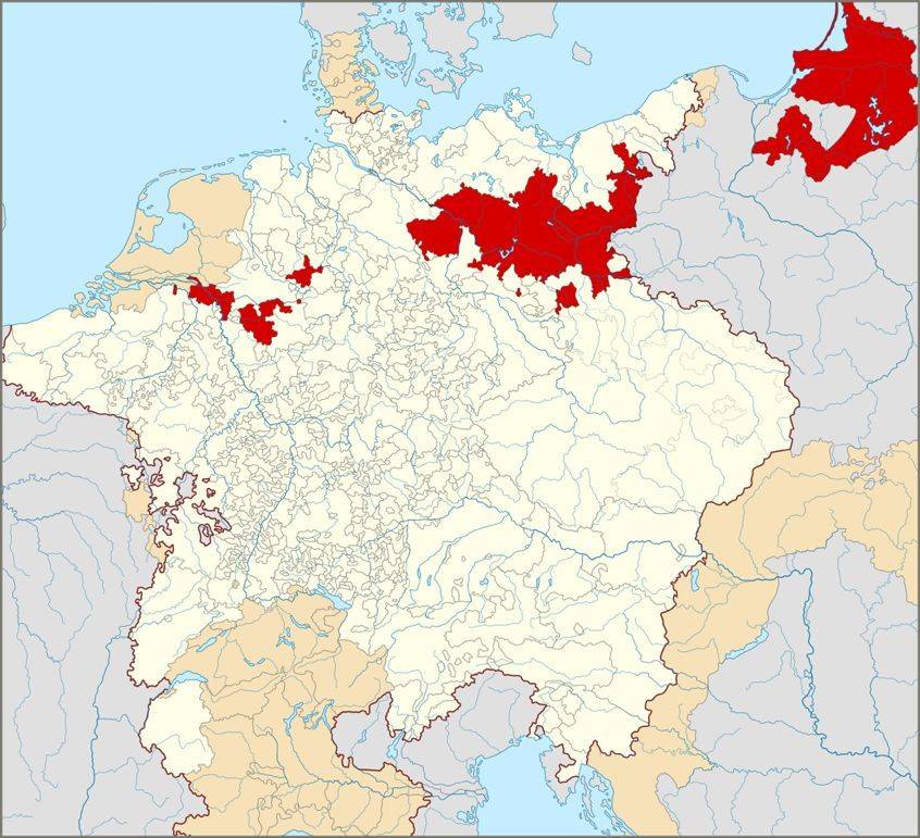 ▲刚建国的普鲁士王国地图，红线为神圣罗马帝国，可见右边的普鲁士位于国境线外，两地被波兰阻隔<br>