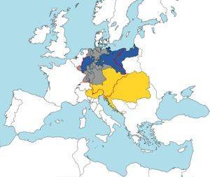 ▲红线所画为神圣罗马帝国边界，黄色地区为奥匈帝国，灰色和蓝色部分组成了“小德意志”<br>