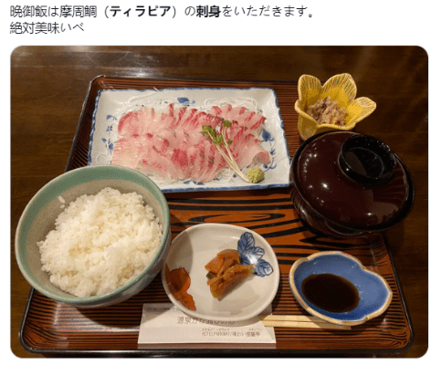 △日本网友的晚餐，罗非鱼刺身。罗非鱼的日文为ティラピア，在日本也叫“摩周鲷鱼”，“摩周”为日本北海道一个淡水湖的名字。图源：Twitter