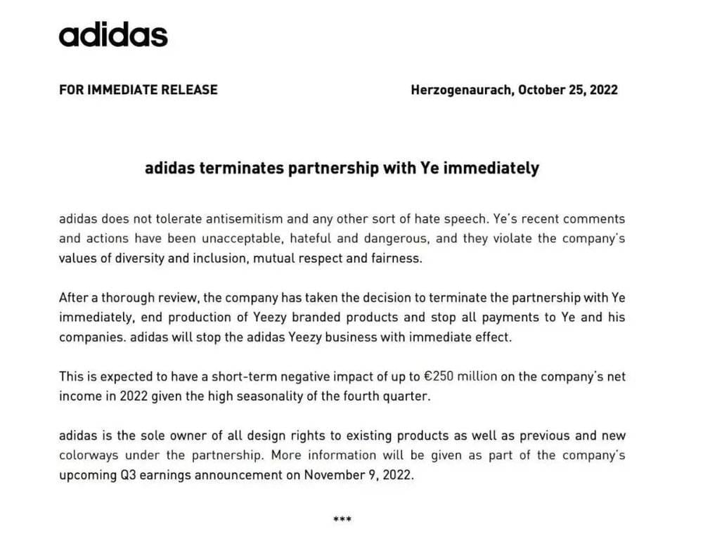 adidas昨日宣布立即终止与Kanye West的一切合作关系，并叫停adidas Yeezy业务