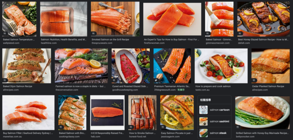 谷歌搜索“三文鱼”得出的结果几乎全是食物状态<br>