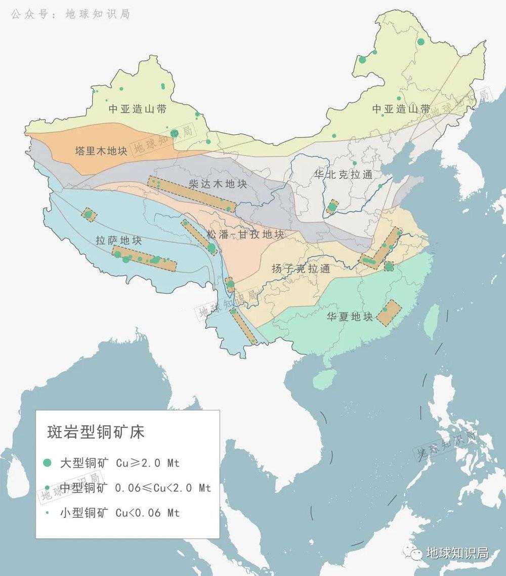 中国大的斑岩型铜矿在西藏分布比较集中（中国斑岩型铜矿床分布）