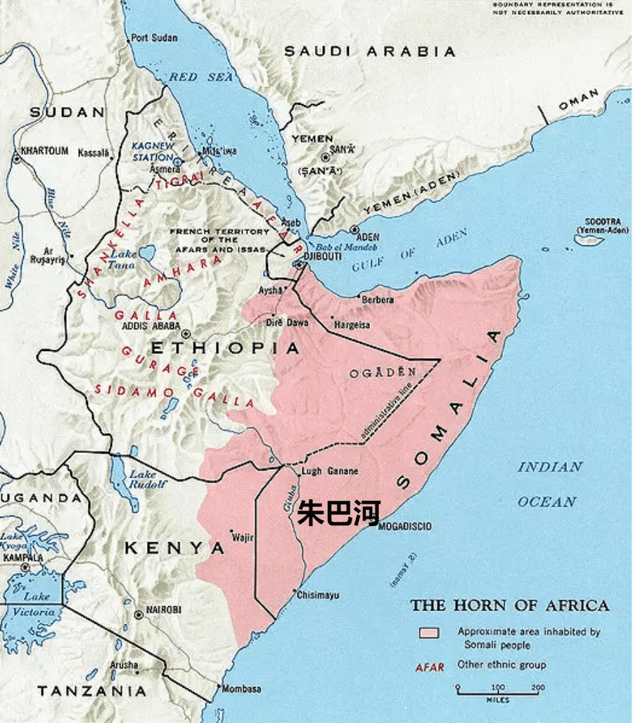 索马里人的分布范围（粉色区域）<br>