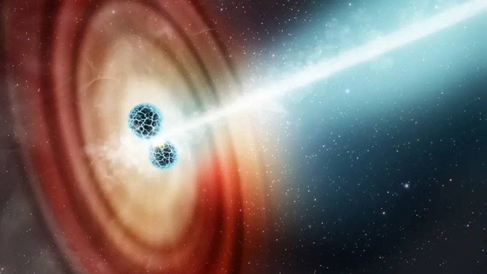 双中子星碰撞的艺术构想图。碰撞爆发出了相当于超新星爆发的能量，在碰撞的余辉中，一股能量束以接近光速的速度被喷射出来。（图/Elizabeth Wheatley， STScl）<br label=图片备注 class=text-img-note>