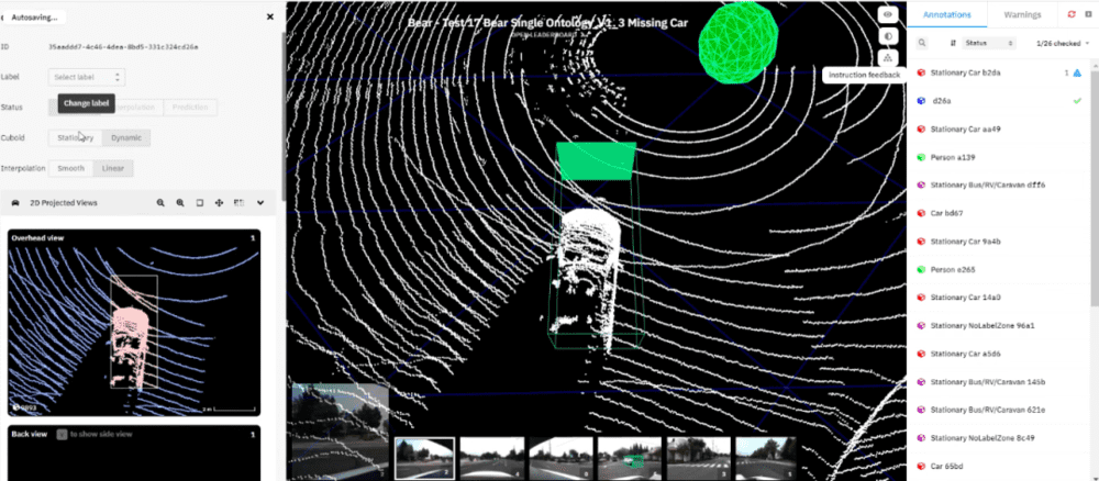 在 Remotasks 上标注激光雷达数据的场景，用立体框圈出汽车。正下方是不同的摄像头视角，右侧是标注的物体。<br>