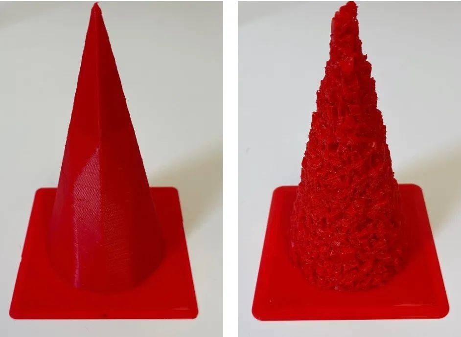左侧为 3D 打印的正常交通锥，右侧是经过特殊设计的交通锥。图片来自陈齐等人的论文（https://arxiv.org/abs/2106.09249）。<br>