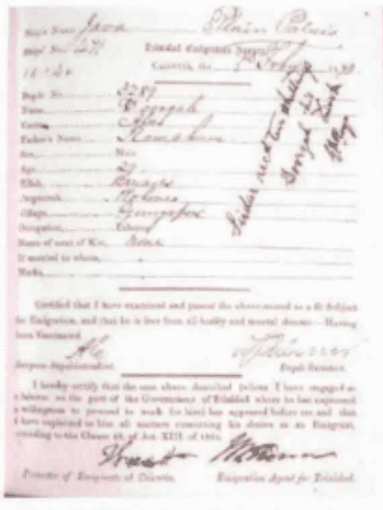 1870年特立尼达移民许可证。来源/联合国教育、科学及文化组织《世界的记忆》<br>
