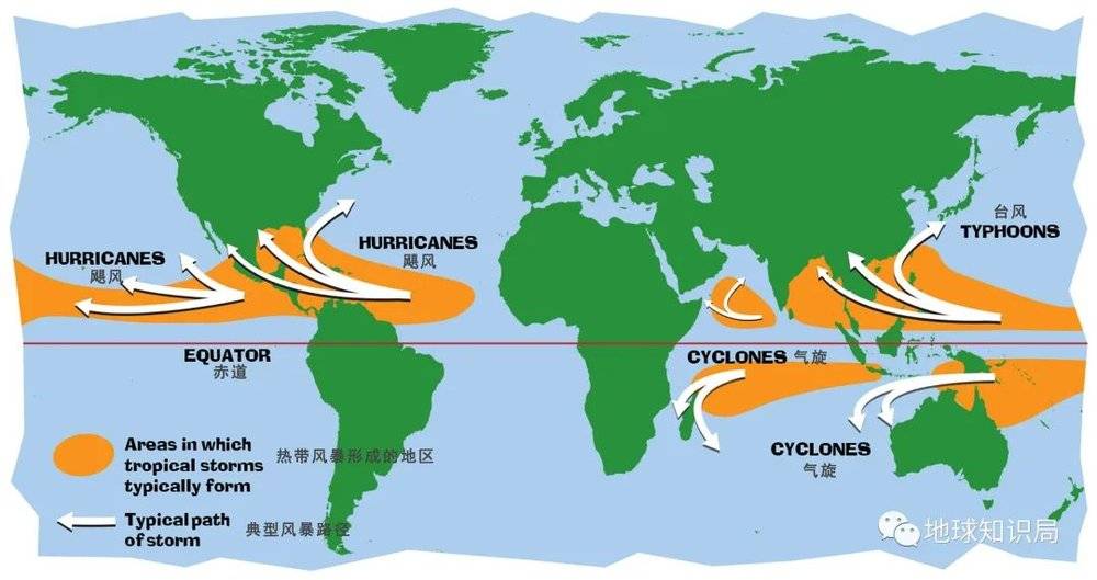 （热带气旋生成区域 图：scijinks.gov）