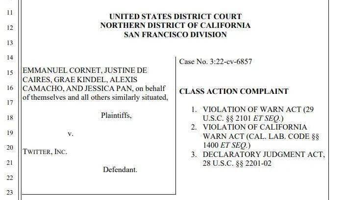 Twitter 前员工对公司发起集体诉讼。图片来源：加州联邦地区法院<br label=图片备注 class=text-img-note>