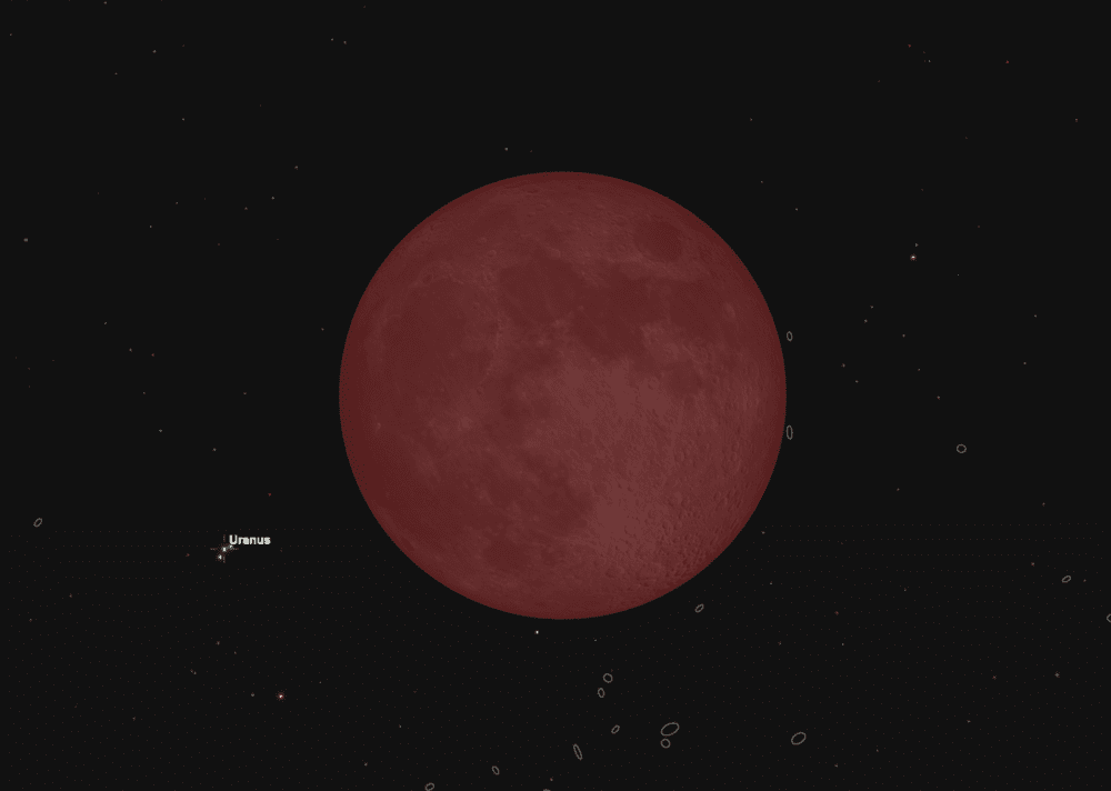 入掩前大约20分钟，天王星出现在血月左侧大概这个位置（北京地区为例） | SkySafari 6 Pro模拟<br>