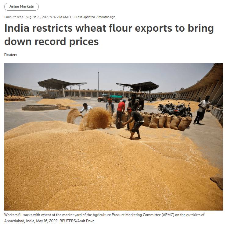 路透社报道：印度限制小麦粉出口以降低（国内）创纪录的价格<br>