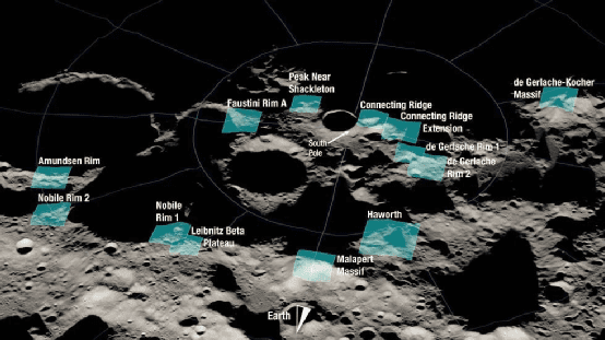 图注：美国航天局公布的位于月球南极附近的13个潜在的载人登月区域，图源：NASA